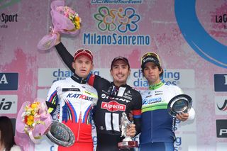 Cycling 106th Milan Sanremo 2015 Podium Alexandre KRISTOFF Nor John DEGENKOLB Ger Michael MATTHEWS Aus Celebration Joie Vreugde Milano Sanremo 293Km Milano Milaanc Tim De Waele Photo by Tim de WaeleCorbis via Getty Images