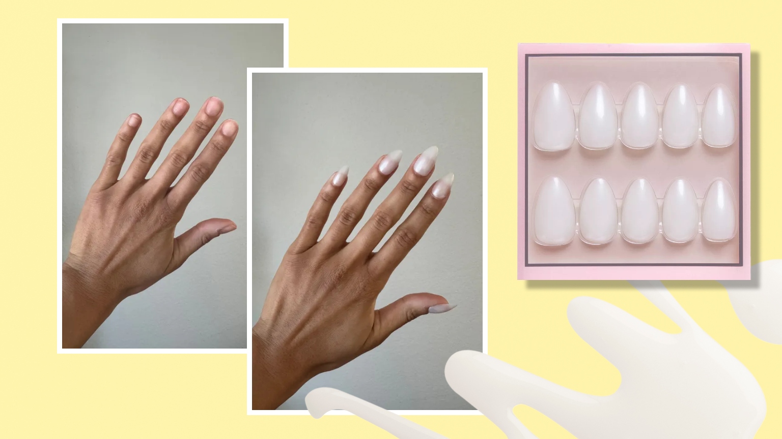 Before and after testing photos of press-on nails