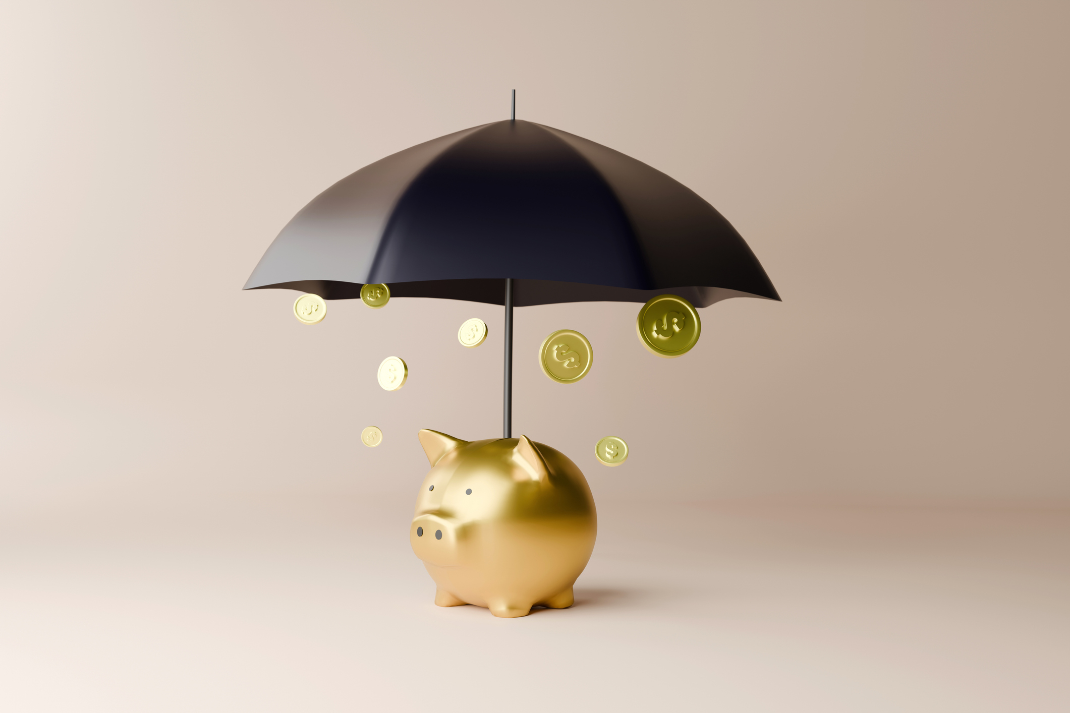 a picture of a gold piggy bank under an umbrella