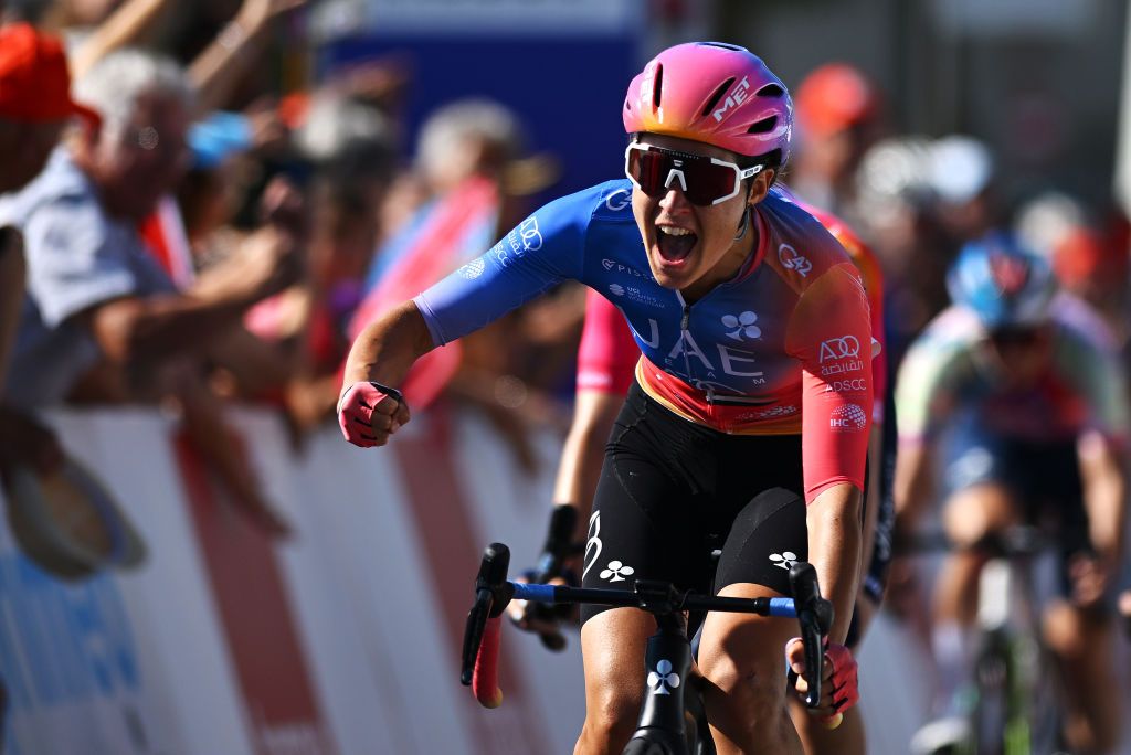 YVERDONLESBAINS SWITZERLAND SEPTEMBER 15 Sofia Bertizzolo of Italy and UAE Team ADQ celebrates at finish line as stage winner during the 2nd Tour de Romandie Feminin 2023 Stage 1 a 1441km stage from YverdonlesBains to YverdonlesBains UCIWWT on September 15 2023 in YverdonlesBains Switzerland Photo by Dario BelingheriGetty Images