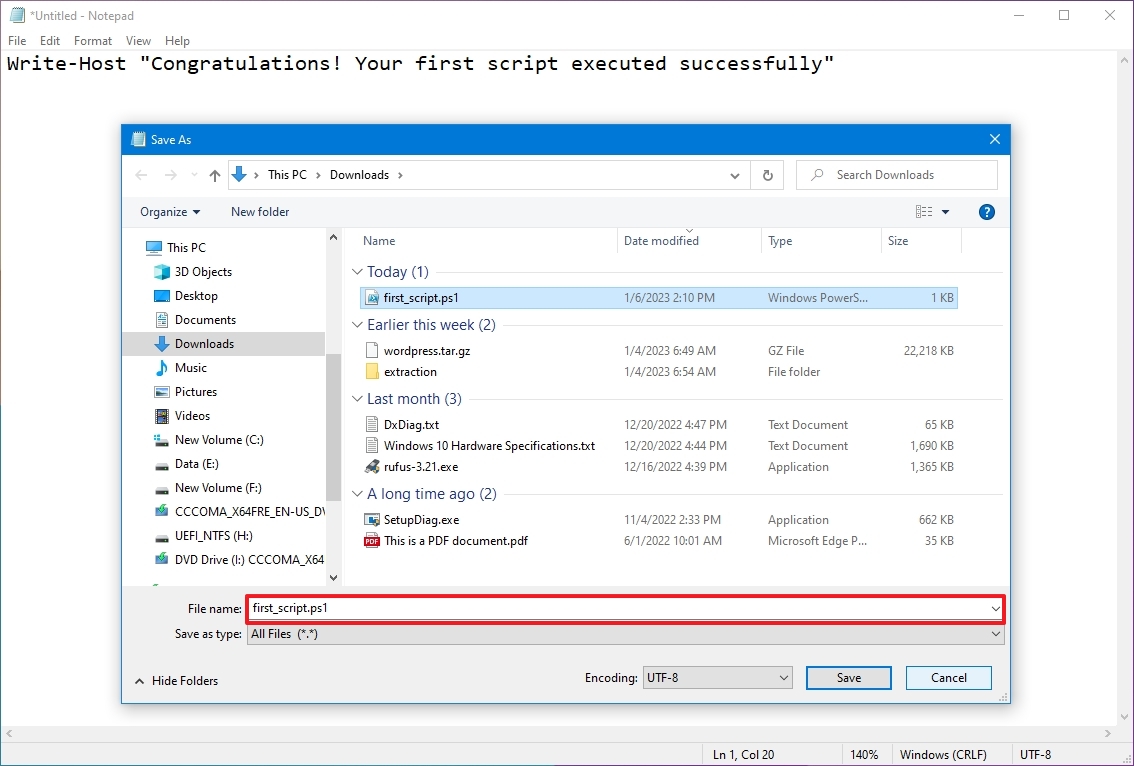 Notepad save script file
