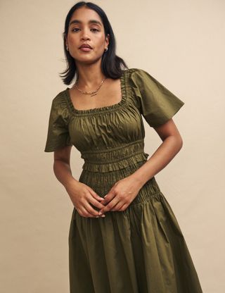 Khaki Shirred Cassandra Midi Dress