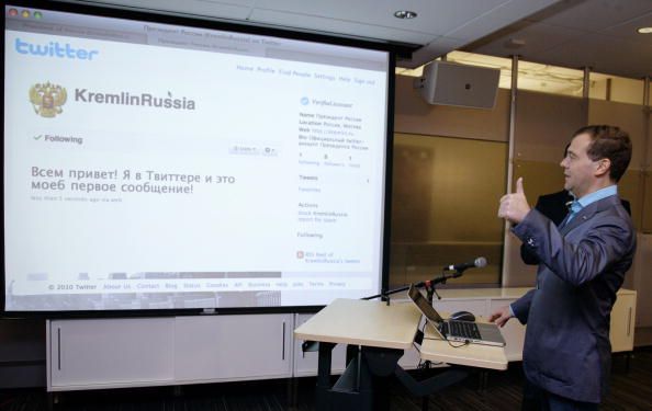 Russian President Dmitry Medvedev visits the Kremlin homepage at the Twitter headquarters.