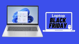 Silver HP laptop next to black Friday text against a blue background