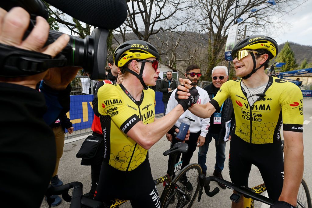VALLE CASTELLANA ITALY MARCH 08 LR Jonas Vingegaard Hansen of Denmark and Team VismaLease A Bike celebrates the victory of with his teammate Cian Uijtdebroeks of Belgium after the 59th TirrenoAdriatico 2024 Stage 5 a 144km stage from Torricella Sicura to Valle Castellana 615m UCIWT on March 08 2024 in Valle Castellana Italy Photo by Dario Belingheri PoolGetty Images