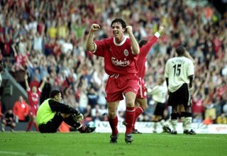 Robbie Fowler celebrates a goal for Liverpool against Charlton in September 1998.