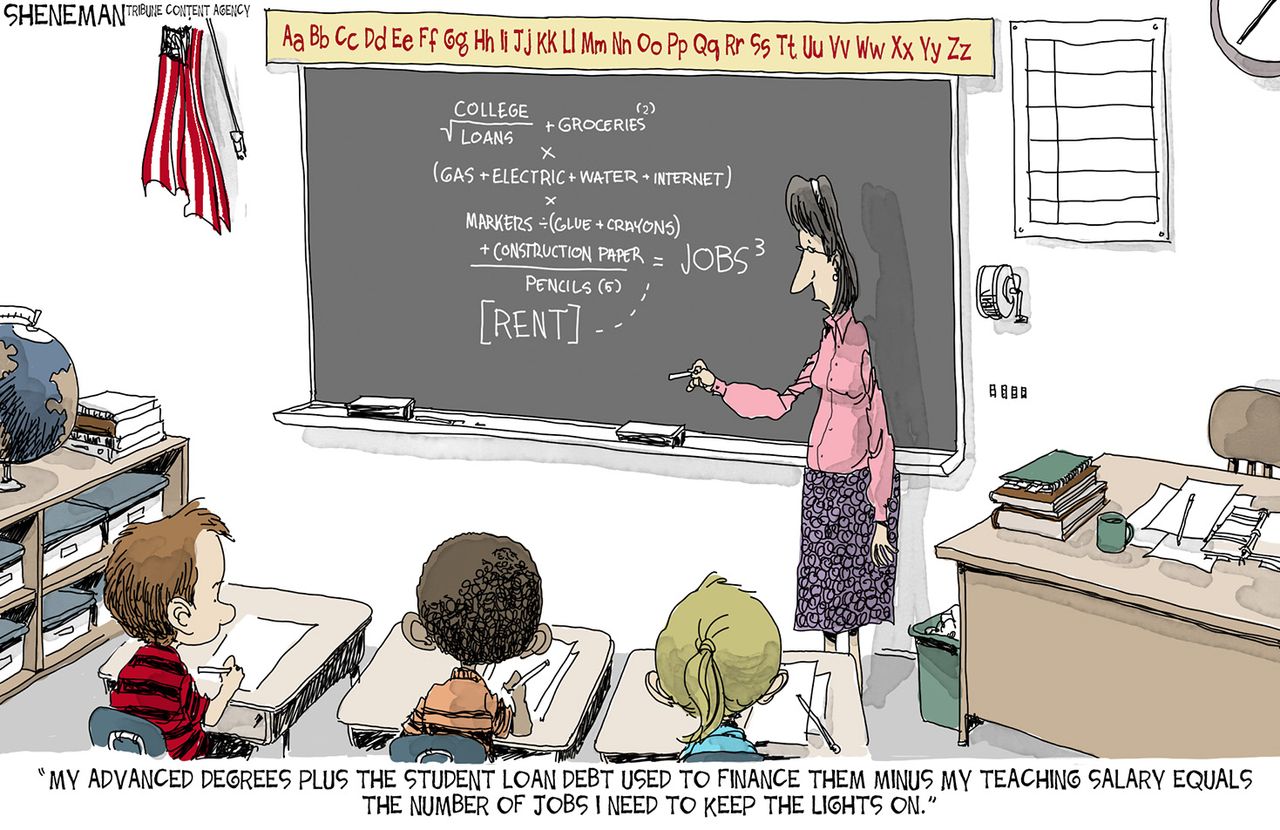 Political cartoon U.S. teacher salaries jobs