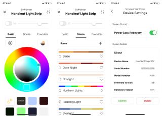Nanoleaf Essentials Lightstrip, skärmdumpar från tillhörande appen.
