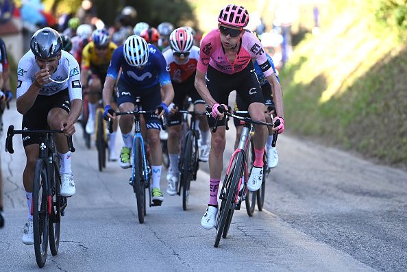 OSIMO ITALY MARCH 11 Hugh Carthy of The United Kingdom and Team EF Education EasyPost R attacks during the 58th TirrenoAdriatico 2023 Stage 6 a 193km stage from Osimo Stazione to Osimo 252m UCIWT TirrenoAdriatico on March 11 2023 in Osimo Italy Photo by Tim de WaeleGetty Images