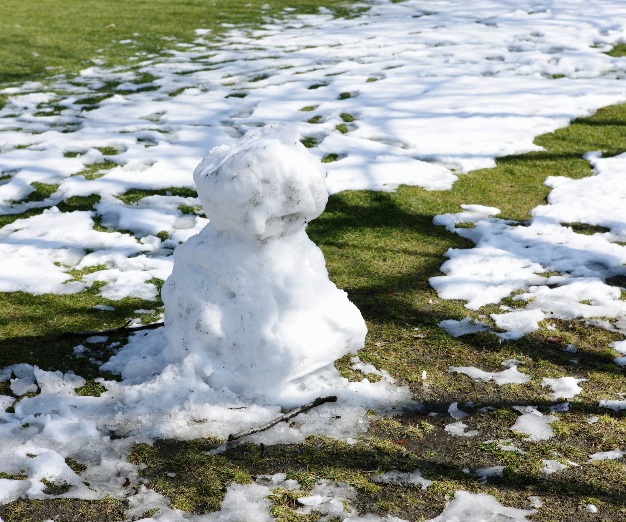 A melting snowman on a lawn