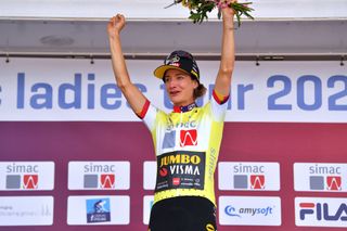 EDE NETHERLANDS AUGUST 24 Marianne Vos of Netherlands and Team Jumbo Visma celebrates winning the Yellow Leader Jersey on the podium ceremony after the 23rd Simac Ladies Tour 2021 Prologue a 24km Individual Time Trial stage from Ede to Ede SLT2021 SimacDS UCIWWT on August 24 2021 in Ede Netherlands Photo by Luc ClaessenGetty Images