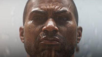 Diablo 4 character with scarred face stares intensely at camera