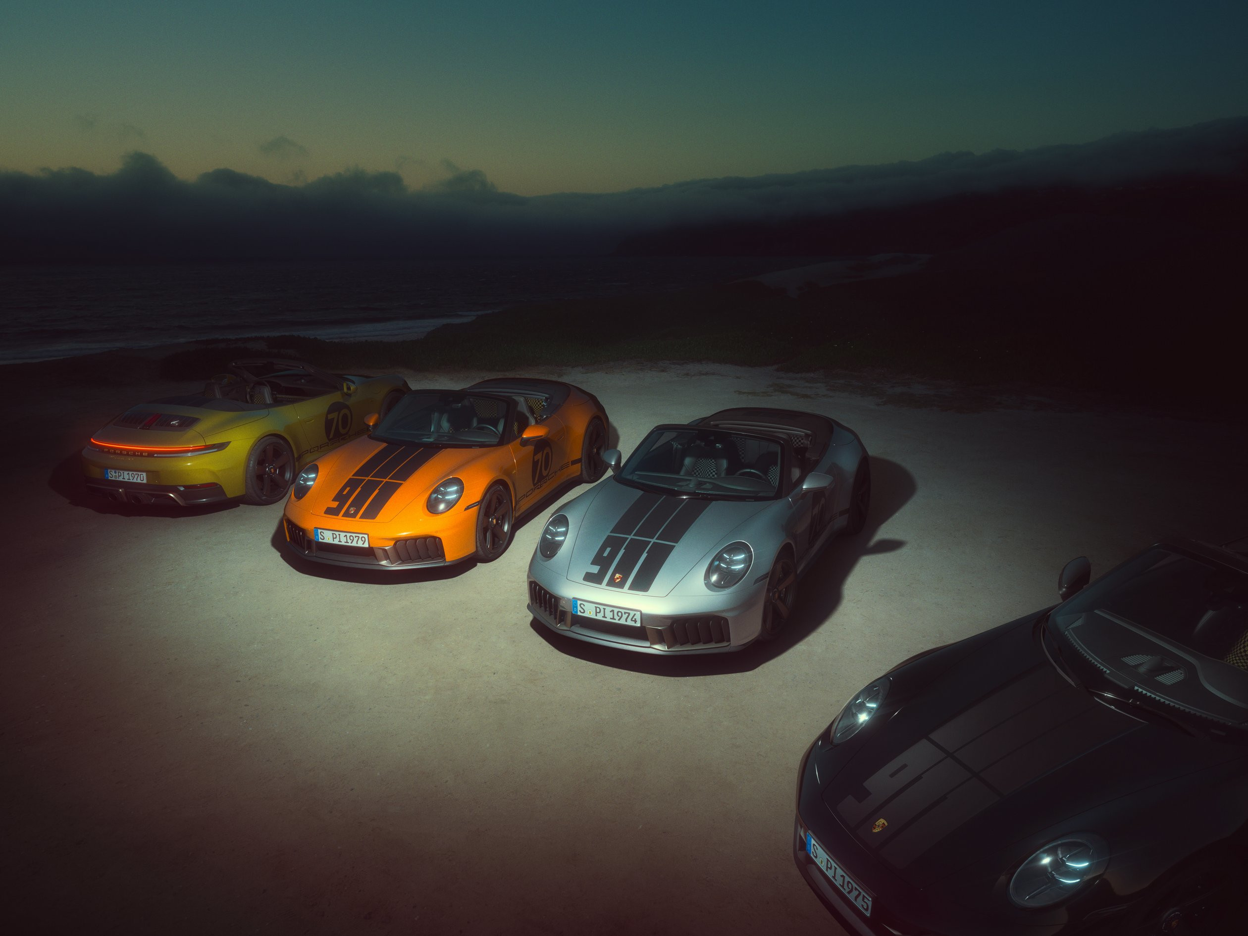 From left to right: Porsche 911 Spirit 70 in Olive Neo green, Bronzite orange, GT Silver Metallic and solid Black