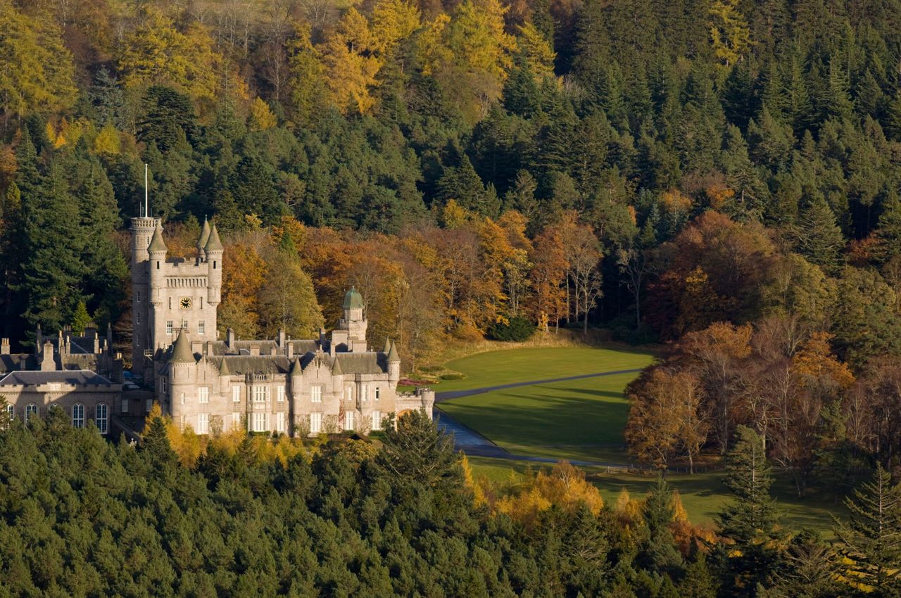 Balmoral Castle, in the valley of the River Dee in autumn, Scotland.