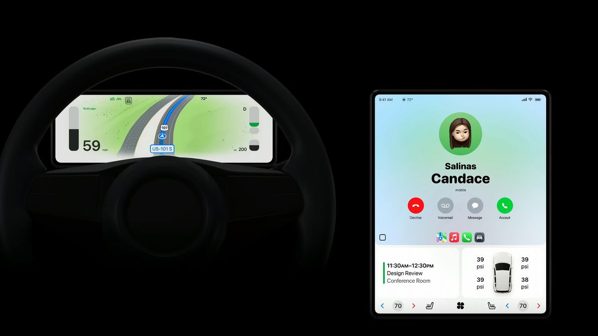 A car dashboard showing Apple CarPlay