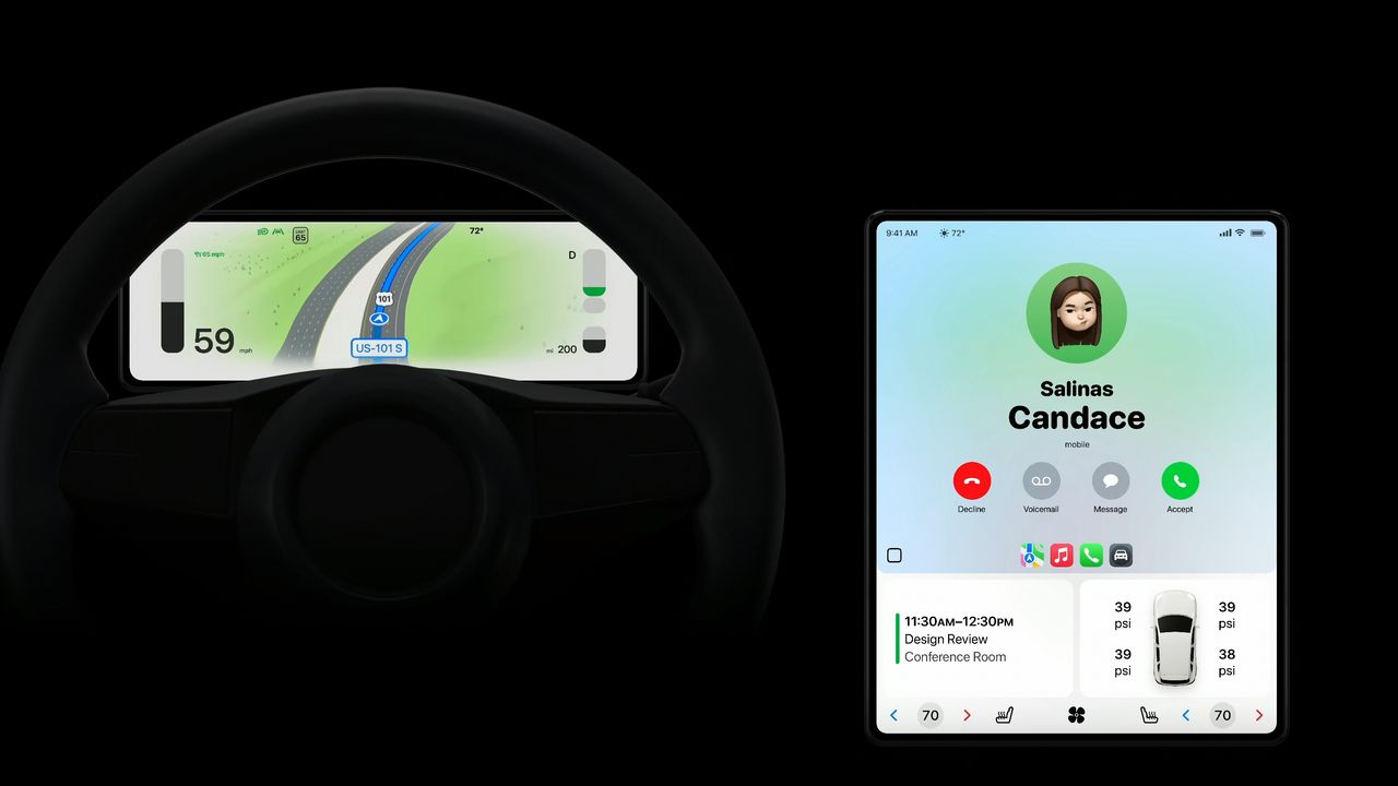 A car dashboard showing Apple CarPlay