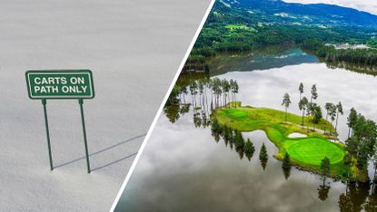 A golf cart sign in snow, as well as a golf hole under water