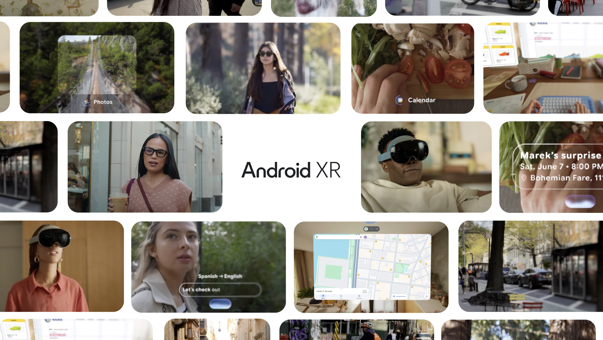 A variety of Android XR headsets and glasses users in a collage