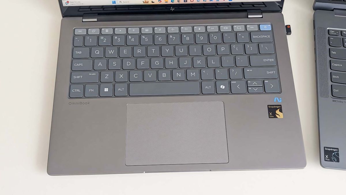 Top down view of the HP OmniBook X 14 keyboard.