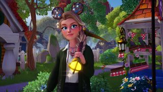 Disney Dreamlight Valley - A player holds their pickaxe standing in front of a tree-lined path between Goofy's stall and house in the Meadow