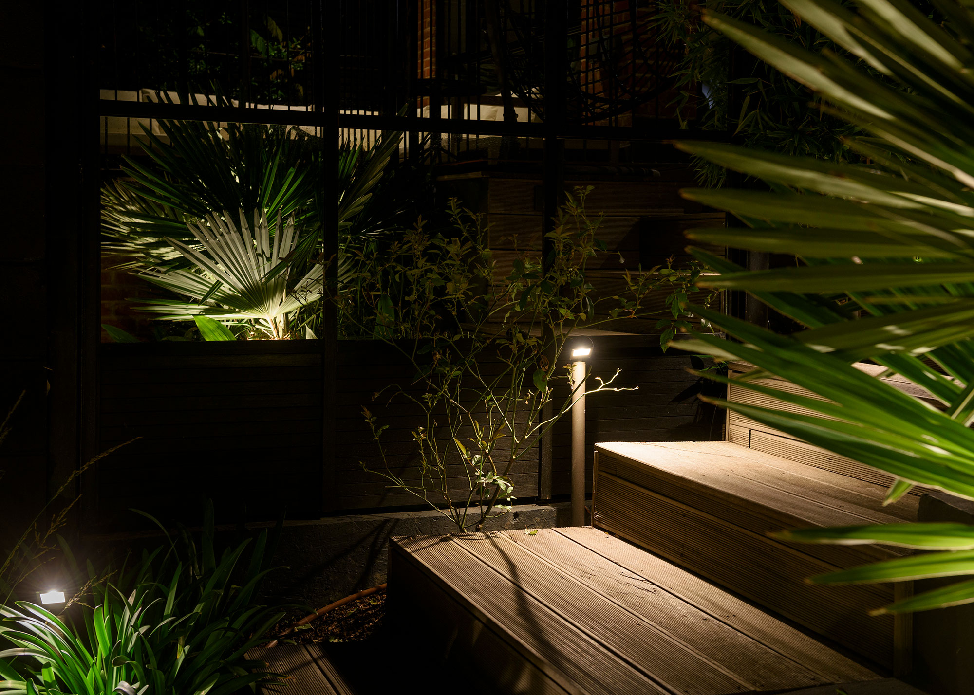 wooden garden steps with post lights and outdoor step lighting and outdoor mirror