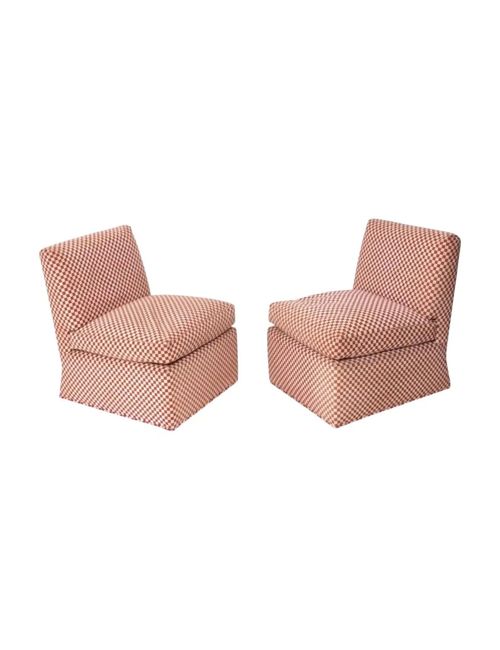 1980s Slipper Lounge Chairs in Original Checkered Fabric Mid Century Modern