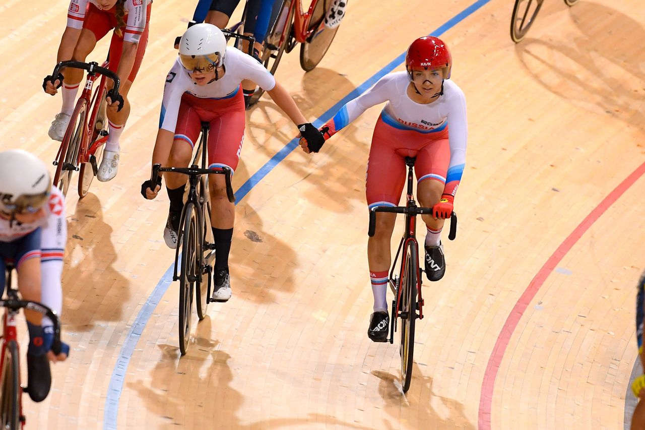 2020 UEC Track European Championships Plovdiv 5th Day 15112020 Madison Women Diana Klimova Russian Federation Maria Novolodskaya Russian Federation photo Dario BelingheriBettiniPhoto2020