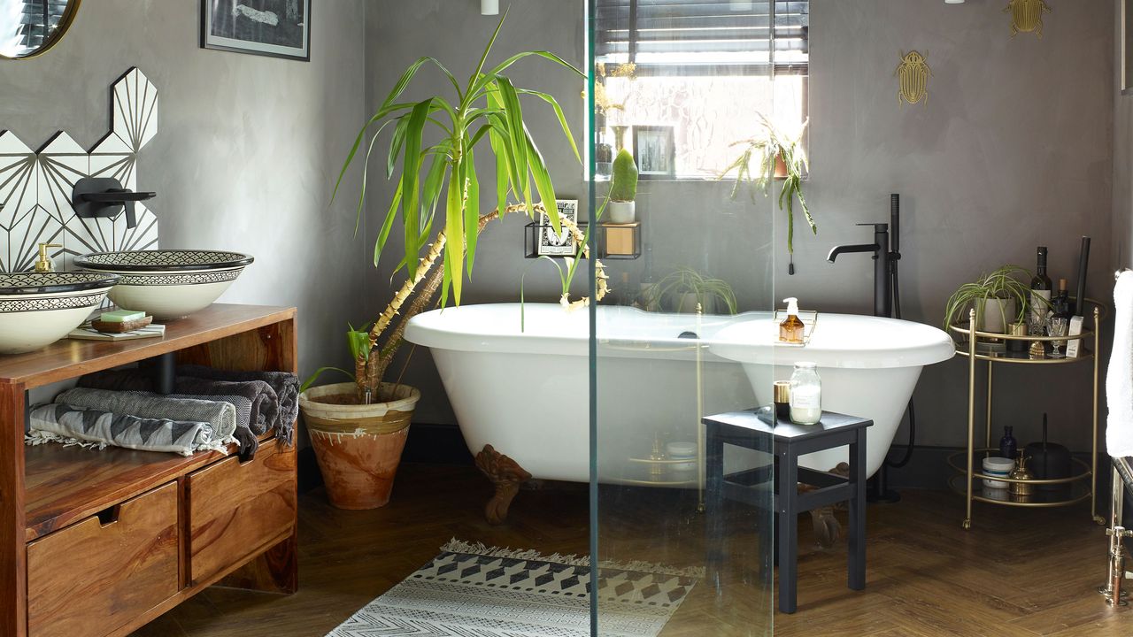 Ellie Rowley-Conwy&#039;s spacious bathroom is a mix of contemporary finishes and exotic touches