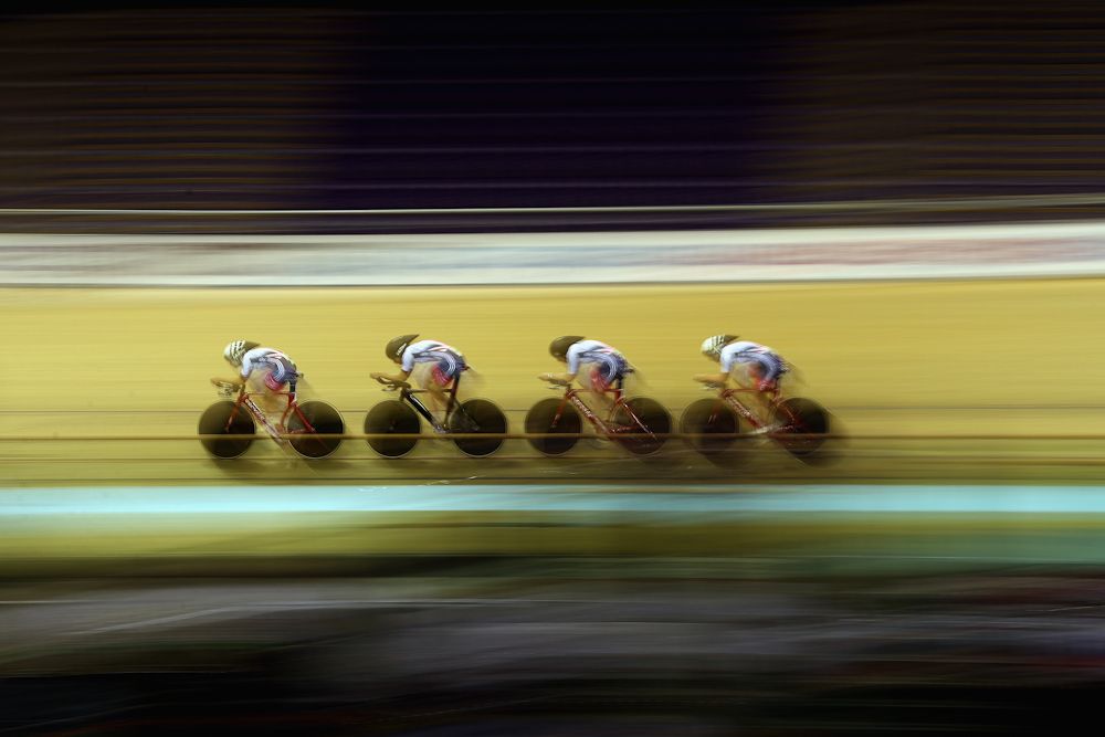 Eleanor Dickinson, Danielle Khan, Manon Lloyd and Emily Nelson in action during the Women's Team Pursuit Qualifying at Sir Chris Hoy Velodrome on November 3, 2016 in Glasgow