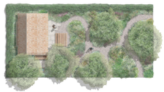 The original plan for the NGS garden, with paths through the hazels and the green-oak shed. Credit: Tom Stuart-Smith / NGS