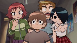 Kim, Young Neil, Stephen, and Knives Chau stare directly into the camera in Netflix's Scott Pilgrim Takes Off