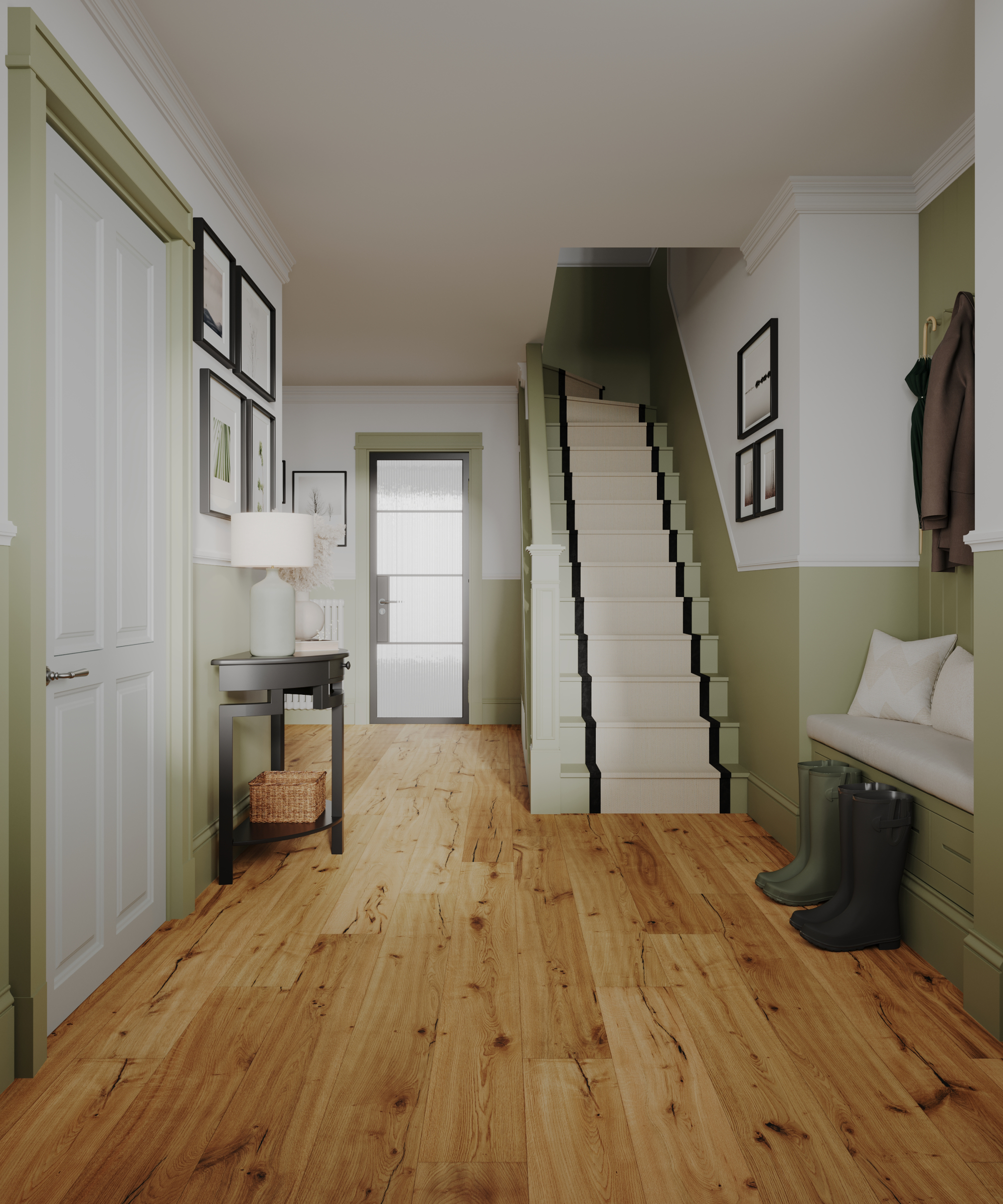 long hallway with wooden flooring, pale green and white colour scheme, green wooden stairs with cream and white runner