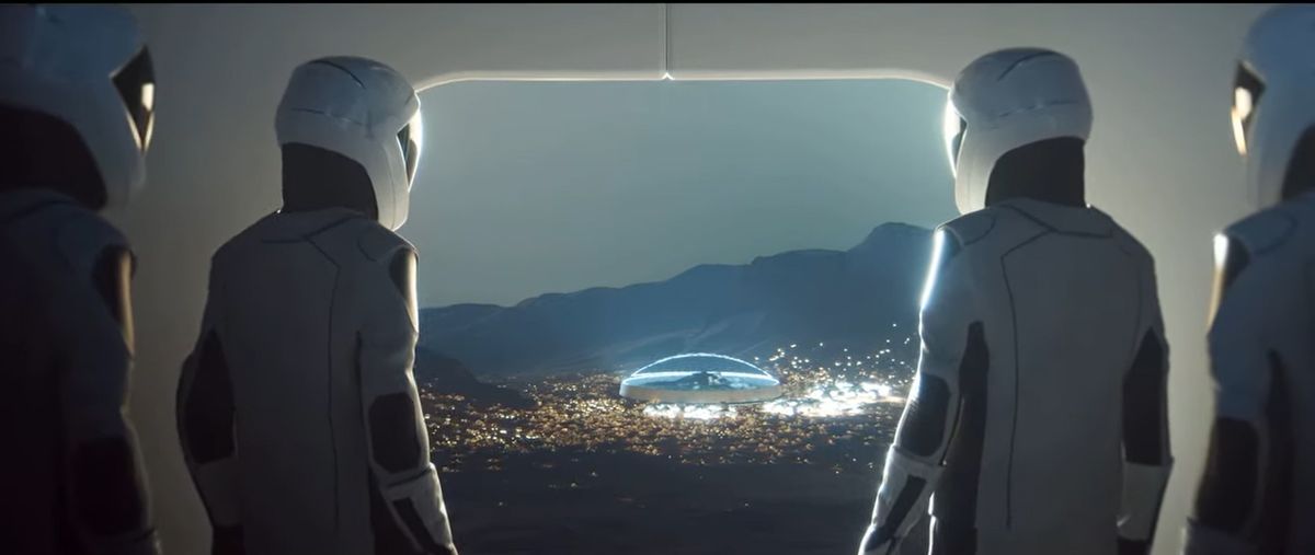 A still from a SpaceX video animation of the company&#039;s Starship vehicle launching astronauts to Mars, a trip that includes orbital refilling and booster landings.