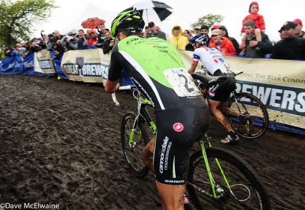 Ryan Trebon (Cannondale) battles Powers with three laps to go