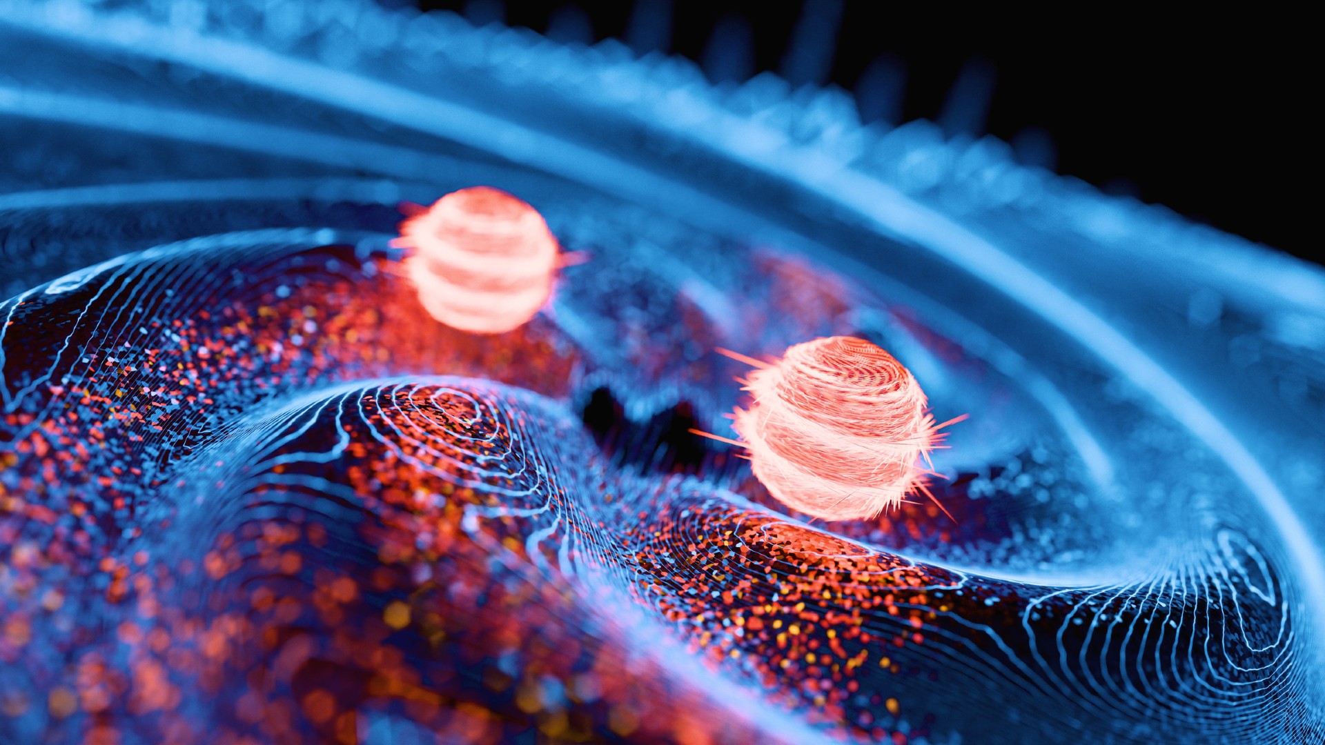 two orbs of yellow light on a blue spiral of wave-like lines