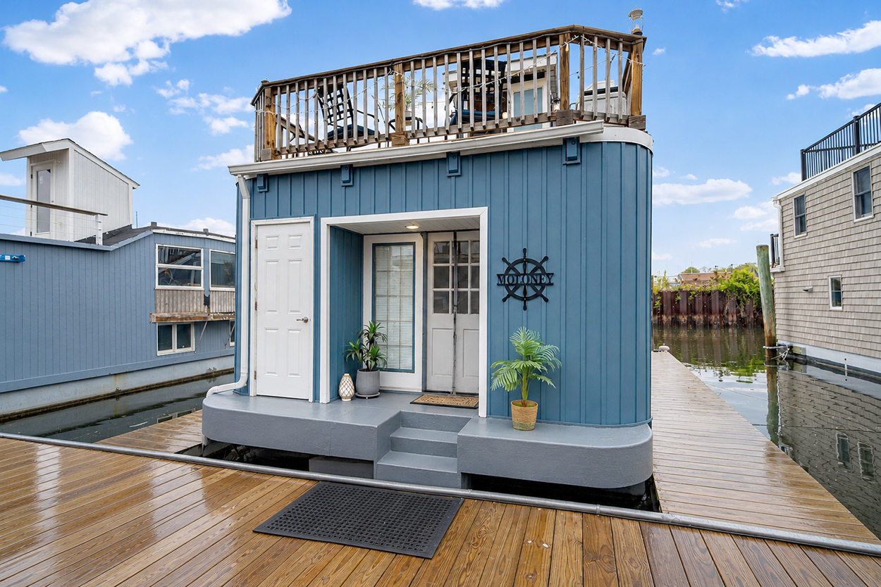 The exterior of a blue houseboat