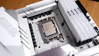 An Intel CPU fitted into a Gigabyte Aorus motherboard.