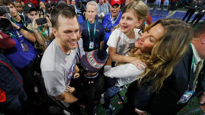 Tom Brady #12 of the New England Patriots celebrates with wife Gisele Bundchen and children Vivian and Benjamin after Super Bowl LIII at Mercedes-Benz Stadium on February 3, 2019 in Atlanta, Georgia. The New England Patriots defeat the Los Angeles Rams 13-3.