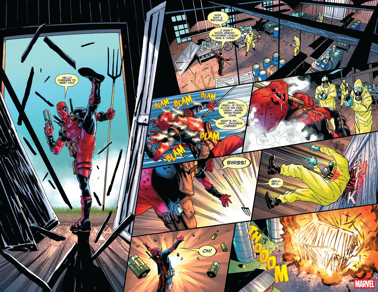 Deadpool breaking into an enemy hideout