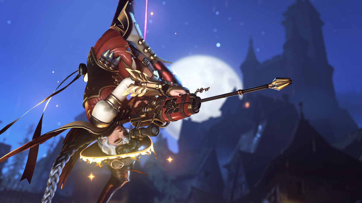 Overwatch 2 hero Widowmaker wearing the new mythic spellbinder skin and peering through her sniper rifle sight while hanging in a Halloween-themed map