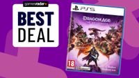 Image of the PS5 version of Dragon Age The Veilguard with a purple background.