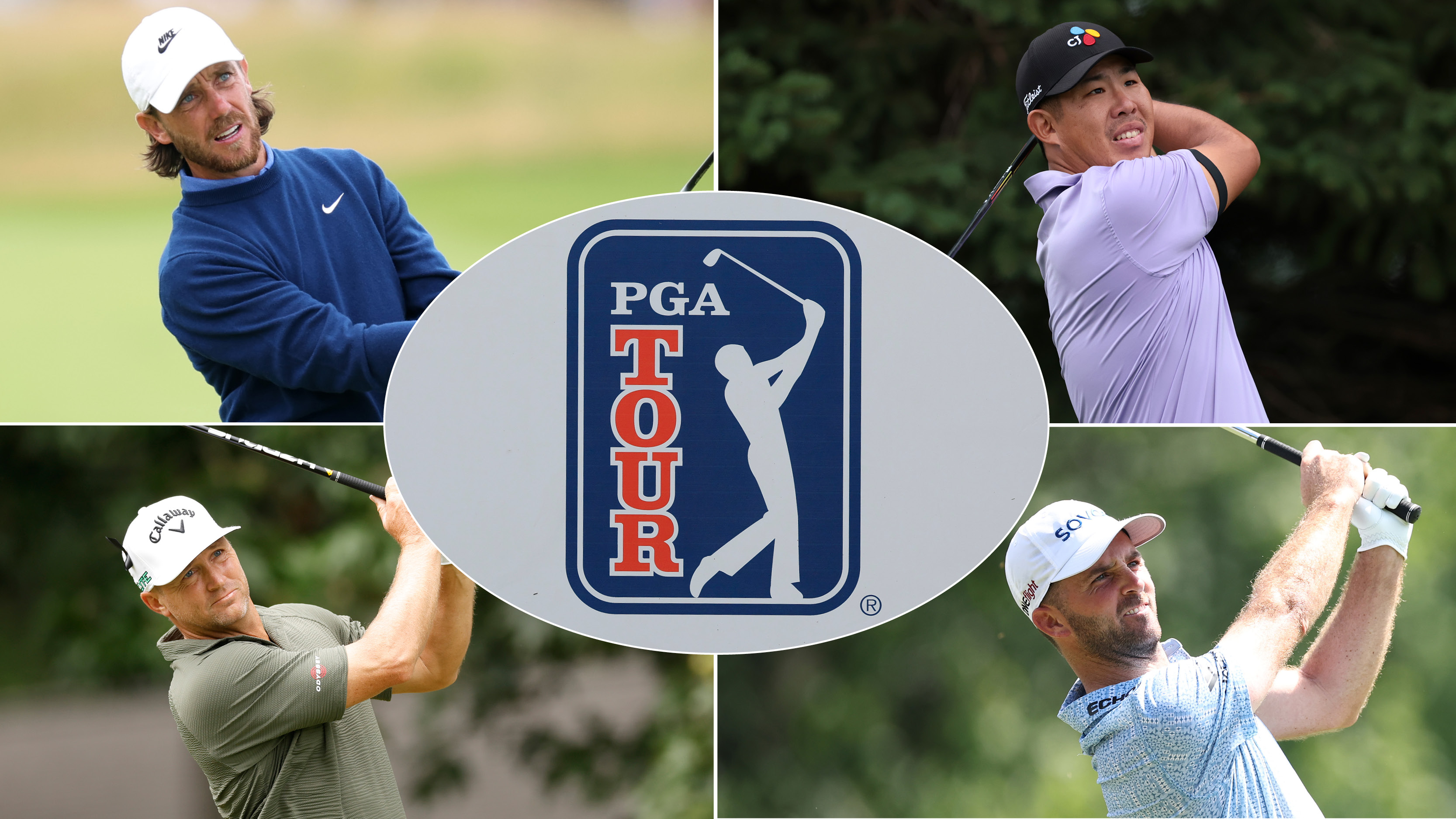 A PGA Tour logo and Tommy Fleetwood, Byeong Hun An, Alex Noren and Denny McCarthy
