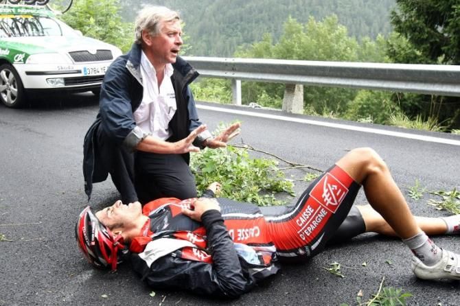 Oscar Pereiro (Caisse d'Epargne) crashed down an embankment in the 2008 Tour de France.