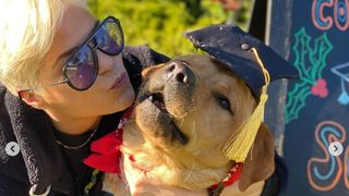 Selma Blair's assistance dog Scout graduating from service dog school and being kissed by the actress