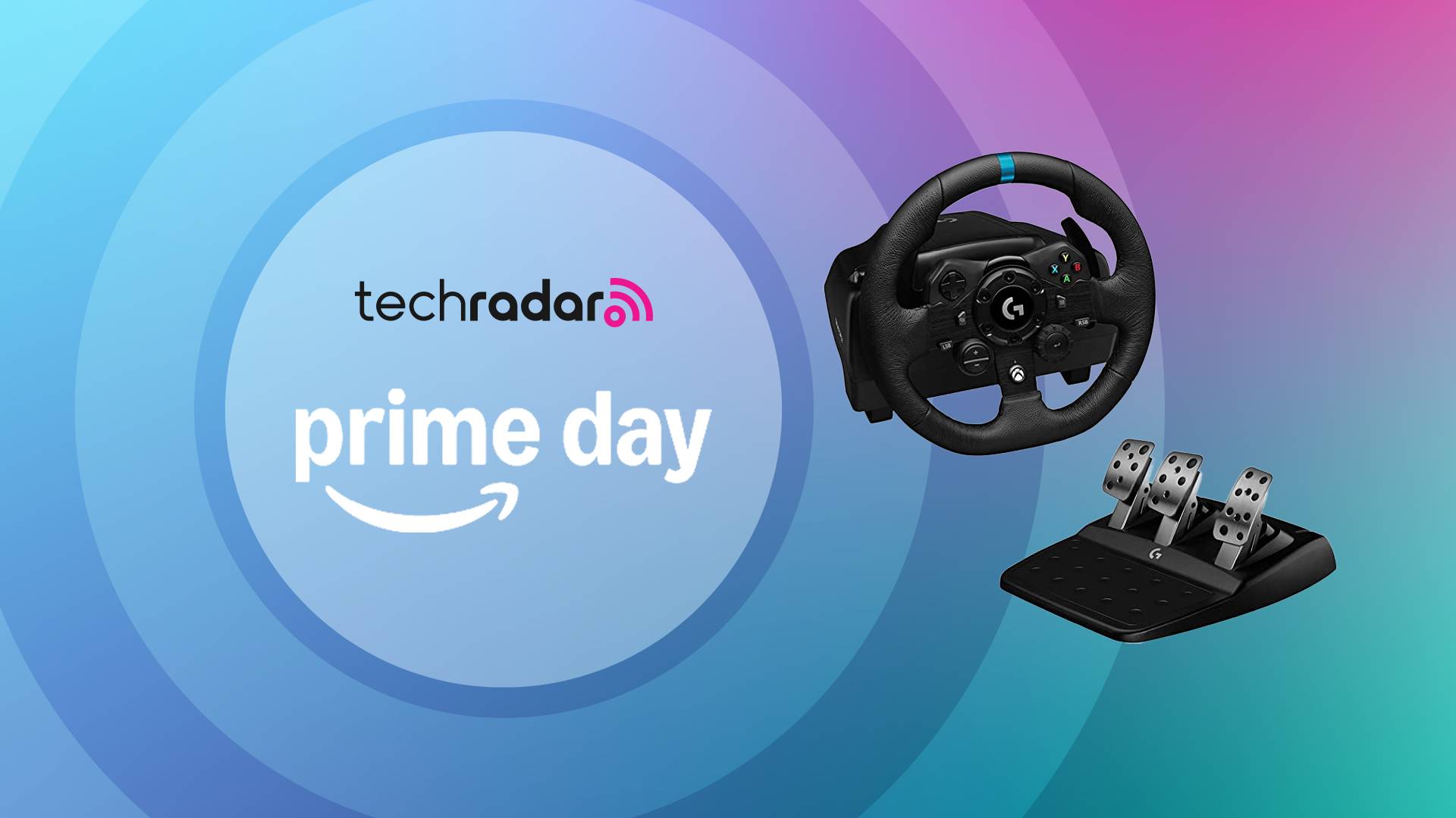 The Logitech G923 in front of a blue, teal and magenta background featuring the words 'TechRadar: Prime Day'.