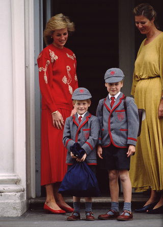 Princess Diana (1961 - 1997) with her sons Prince Harry (left) and Prince William, September 1989. It is Prince Harry's first day at Wetherby School, Notting Hill, London