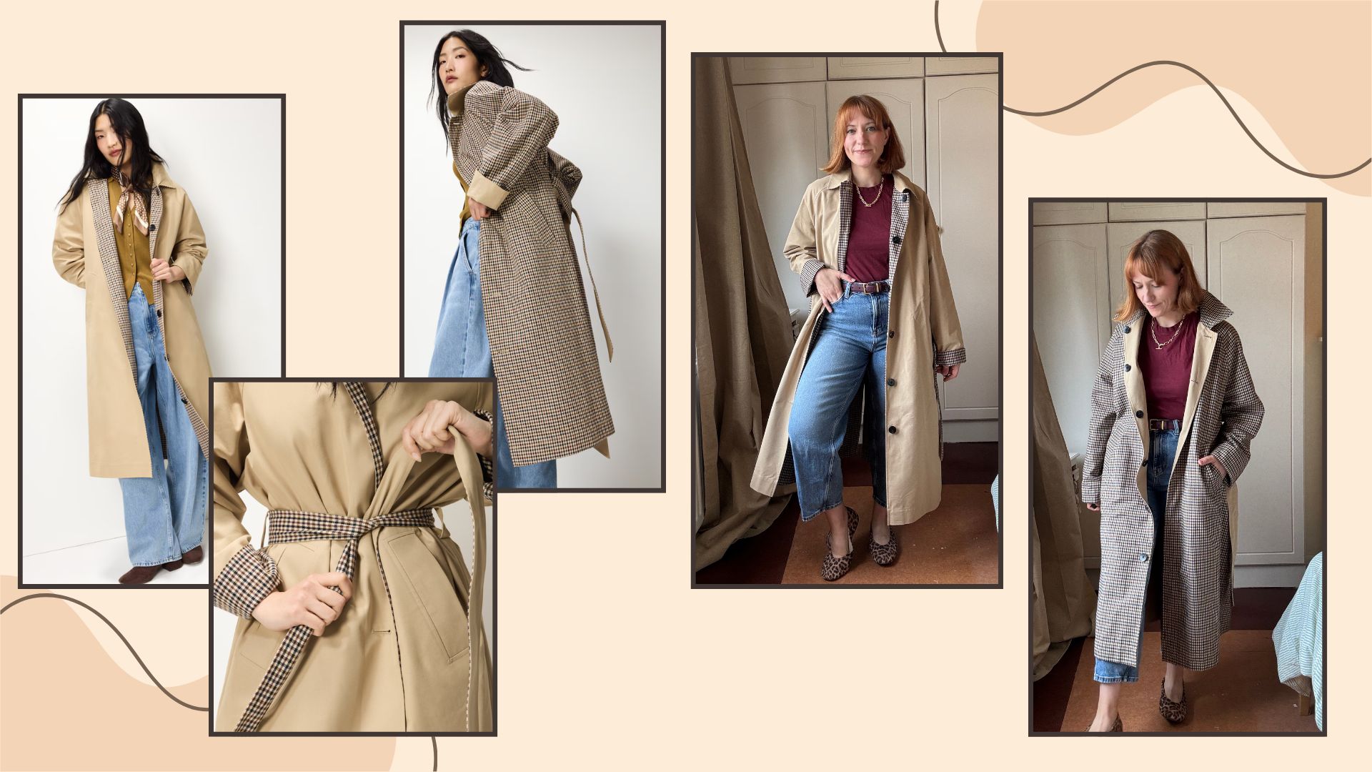 three model shots and two shots of matilda wearing the F&amp;F reversible trench