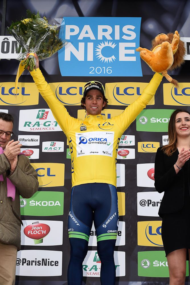 Michael Matthews in yellow on the stage 1 podium at Paris-Nice.