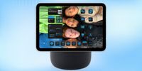 A rendering of an Apple HomePod with iPad-style touchscreen