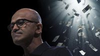 Satya Nadella looking sad with raining money